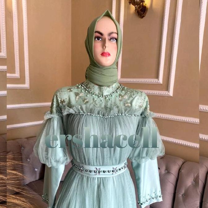 Gamis Muslim Dress Avisha bahan Maxmara Premium, brokat mutiara, tile polos dengan Payet Mutiara dan