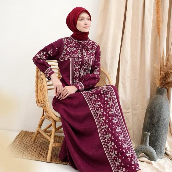 Rita WD 285 / gamis bordir bahan tenun  / gamis bordir model simple payet cantik mewah dan elegant .