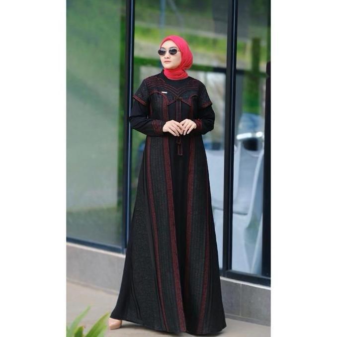 Gamis Mewah Delisha Kombinasi Hikmat Embos Wanita Muslim Lebaran Kondangan Hitam