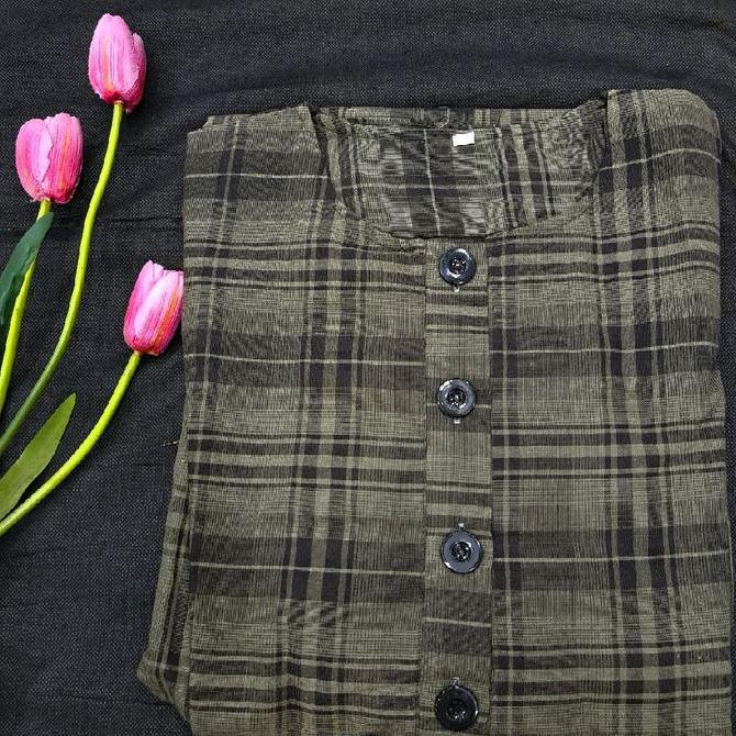 Cuci Gudang  Gamis Casual Motif Kotak Full Kancing  Dewasa Kondangan