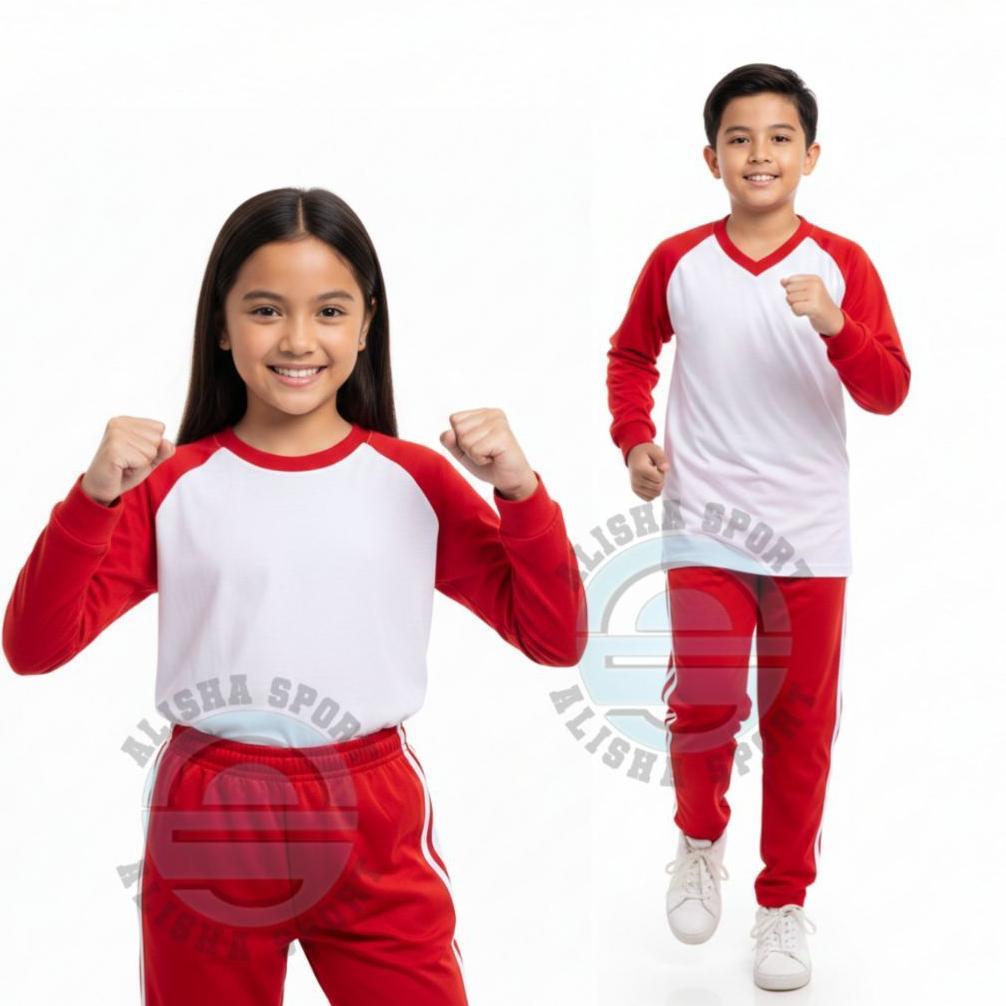 NEW PORODUK SETELAN BAJU OLAHRAGA ANAK SD UNISEX SERAGAM KAOS OLAHRAGA LENGAN PANJANG PUTIH MERAH AN