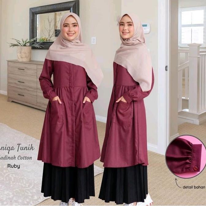 Harga Miring (Free Parfum)Tunik Kerah Long Dress Brand Ijtihad Bahan Katun Madinah Fodu Tunik Midi A