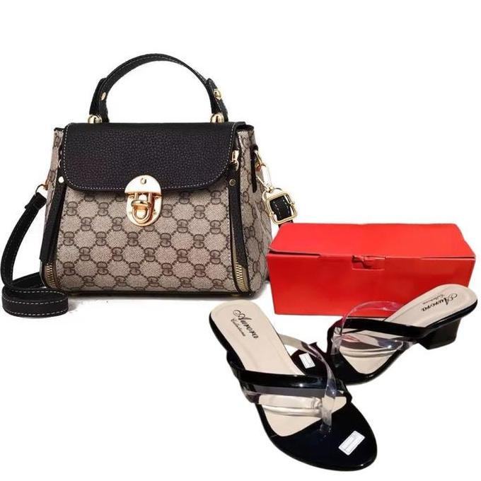 [CUCI GUDANG] / Promo  Satu Set Tas Square Fashion Wanita & Sandal Hak Tinggi 5cm
