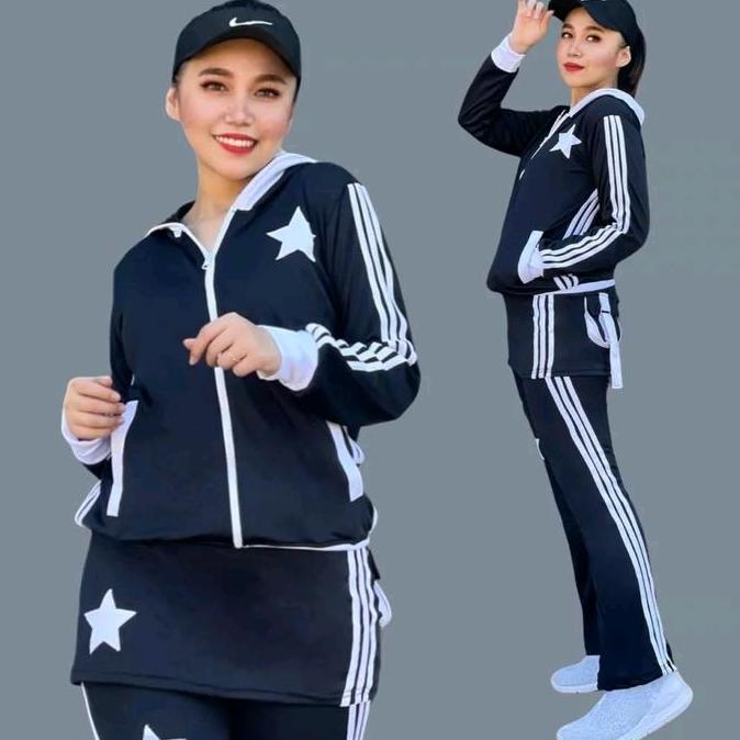 Baju Senam Aerobik Setelan Lapangan Zumba Panjang Muslimah Hijab Cycling Gowes Set Rok Hitam list pu