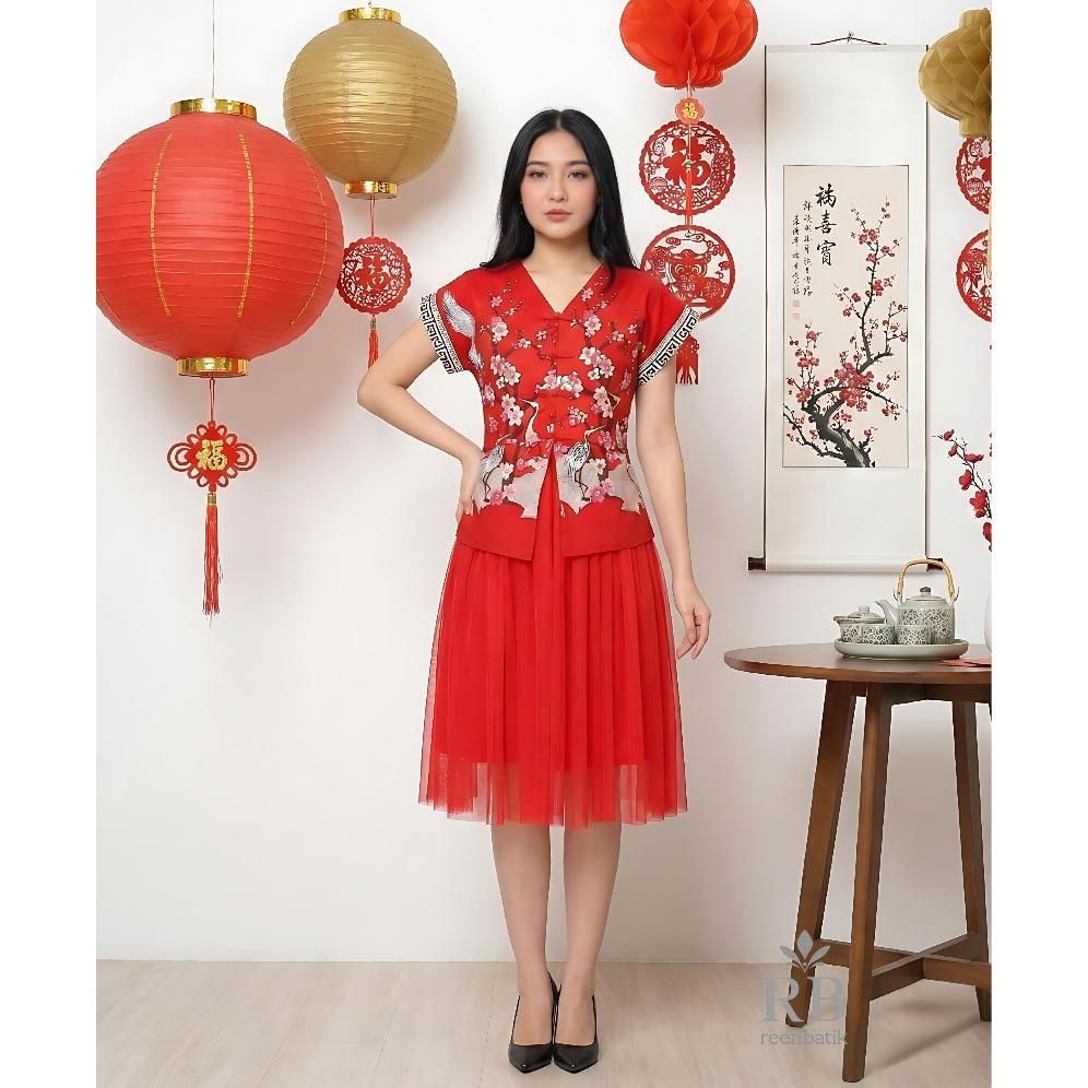 Dress Imlek Cheongsam Merah Kuning Creme Pink / Batik Imlek / Cheongsam batik brokat / dress batik p