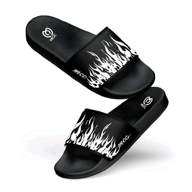 DV38 >> Sandal Selop Pria Slip On Distro Casual Wanita Dewasa Terbaru Kekinian Api Fire Warna Hitam 