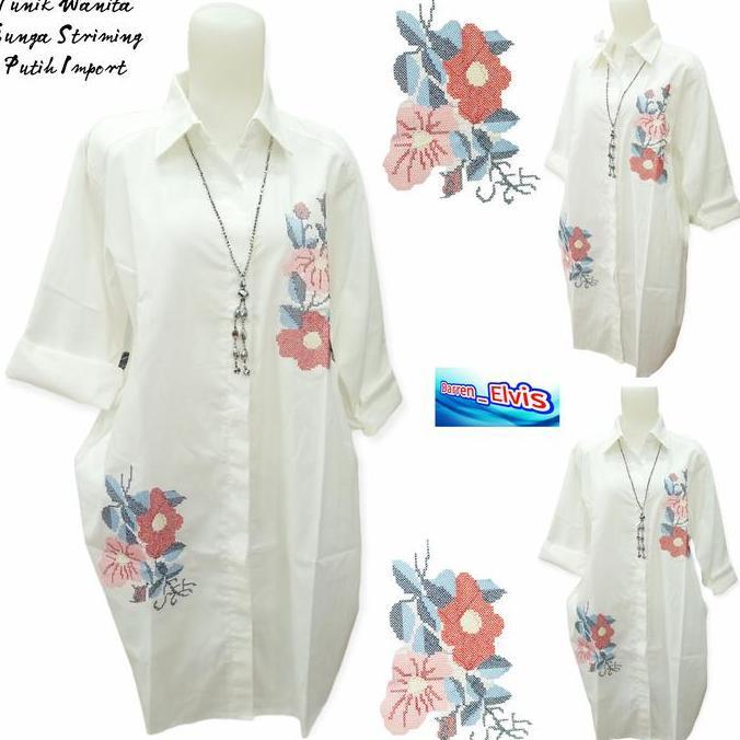 Tunik Putih Wanita Import // Best Seller // Bordir Bunga Striming 001 terlaris