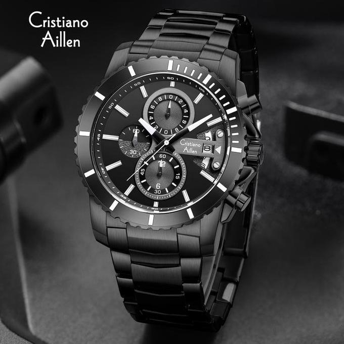 Cristiano Aillen Jam Tangan Pria Analog CA 8898 ST Stainless Steel Chronograph Kaca Sapphire Water R