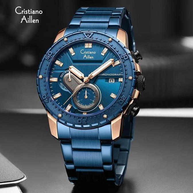 Cristiano Aillen Jam Tangan Pria Analog 8900 Rantai Stainless Steel Chronograph Kaca Sapphire Water 