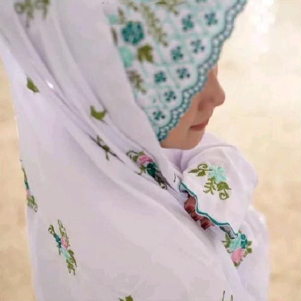 Termurah / Hot Sale Mukena Terusan Putih Bordir Bunga Lajuran Jumbo | Mukenah Langsungan Katun Polin
