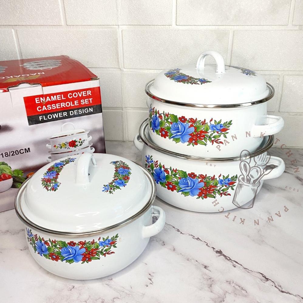 (3 Pcs) Panci Set Enamel Kembang Tutup Kaca Motif Jadul 16/18/20 cm / Panci Set Rumahan/ Panci Set K