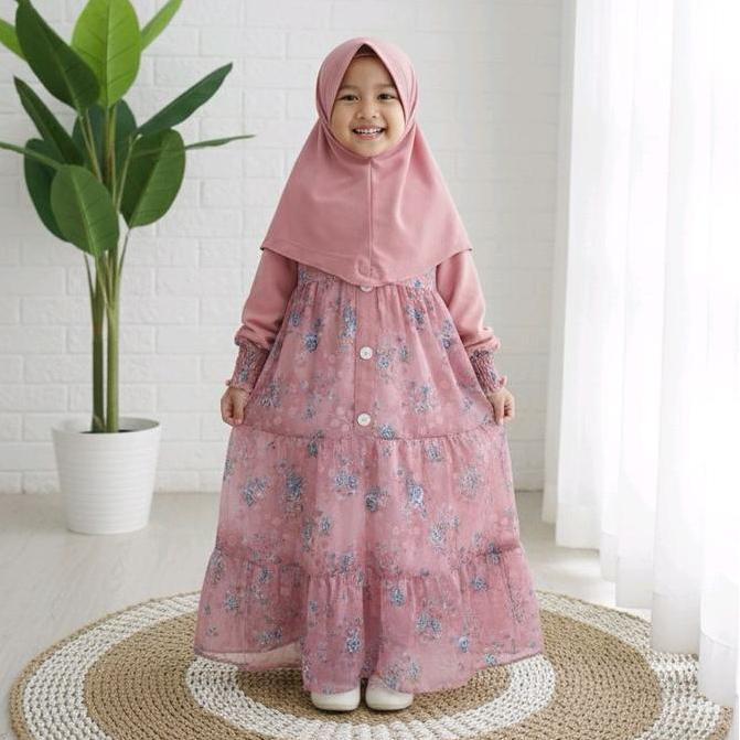 Gamis Syar'i Anak Perempuan Ceruty Premium Motif Bunga Muslim