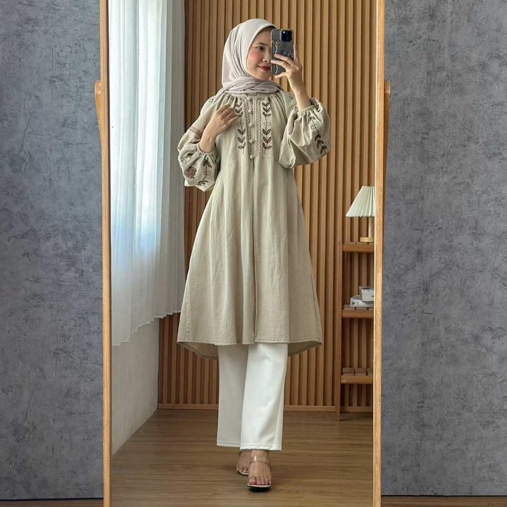 BEST SELLER COD SAKURA TUNIK / TUNIK LINEN BORDIR ATASAN PREMIUM QUALITY WANITA PAKAIAN CASUAL MEWAH
