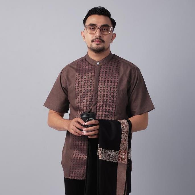 DGM Baju Koko Pria Lengan Pendek Premium Coklat Mahogany Motif Argyle Baju Koko 2746