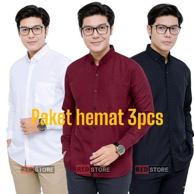 Termurah / Hot Sale Paket 3Pcs Kemeja Polos Lengan Panjang Hitam Putih Nyaman Pria Casual Formal Ker