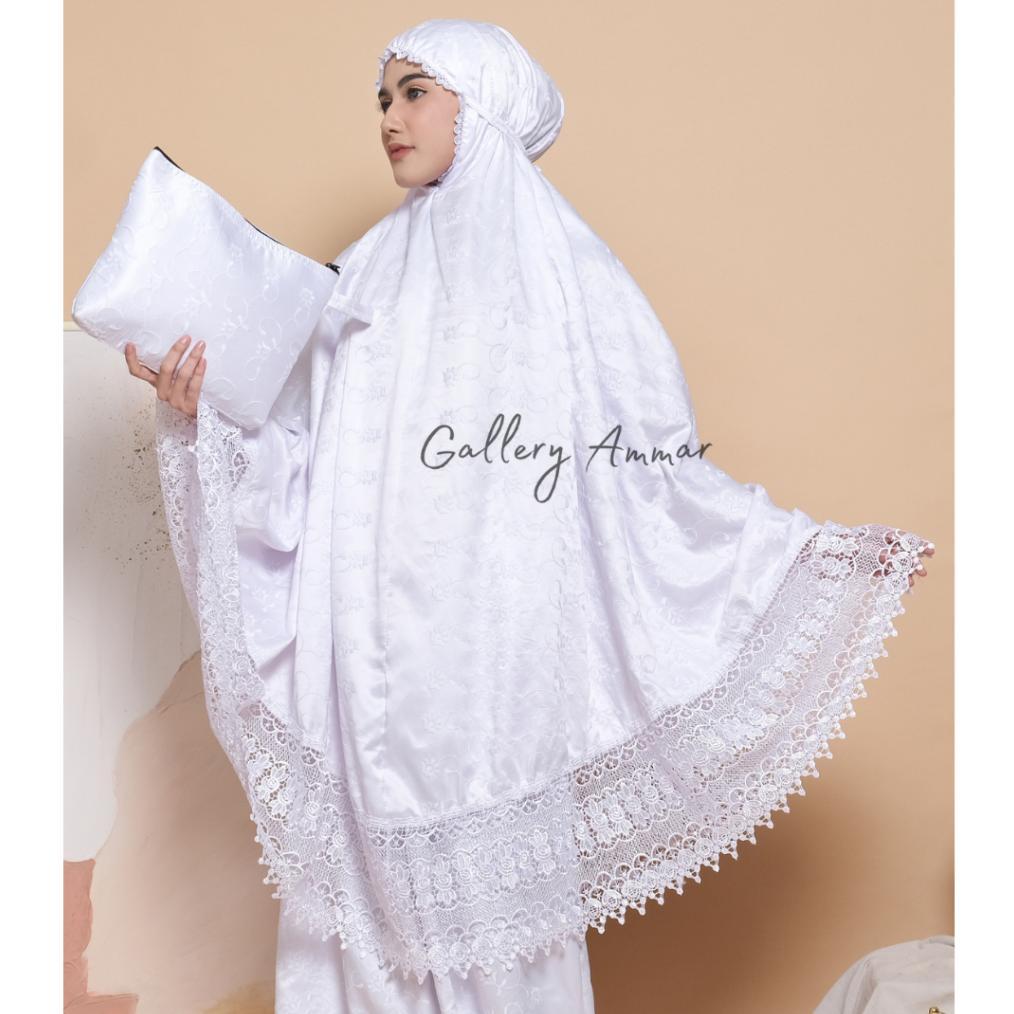 AMMAR - Mukena Dewasa Sutra Renda Mewah Putih Senada