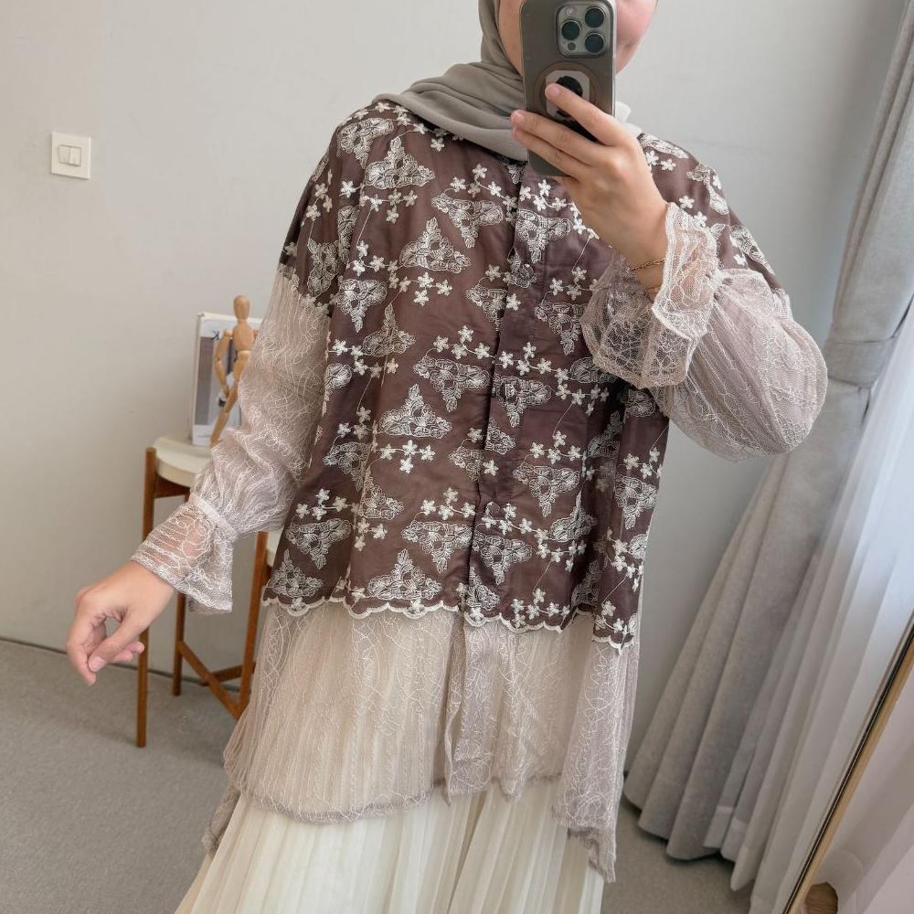 DISKON OCLO YASMEERA TUNIC KATUN EMBROIDERY KATUN LEBARAN PREMIUM BAHAN ORGANZA OCL01597