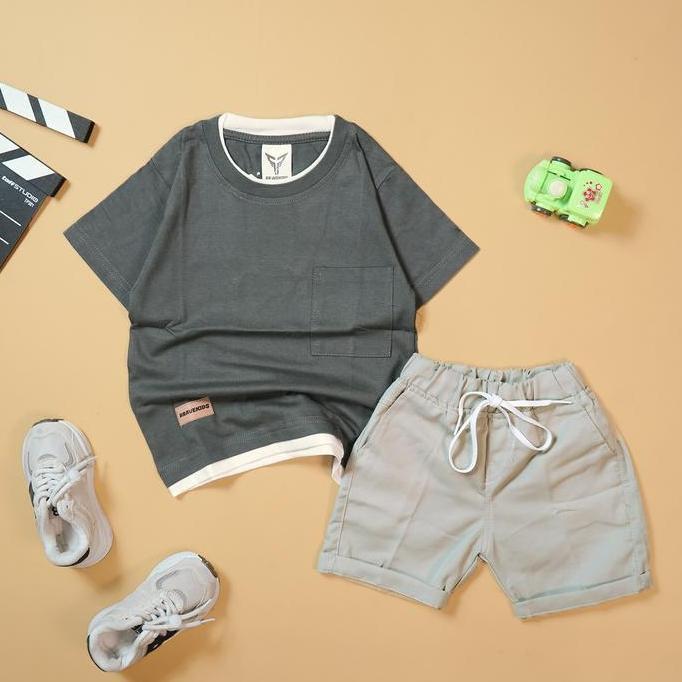 BRAVEKIDS - SETELAN KAOS POCKET TWO LAYER POLOS DAN CELANA BROADSHORT COTTON COMBED 24S Fashion