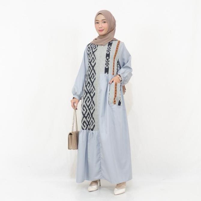 Shanaya Batik Wanita Gamis Toyobo Kombonasi Tenun Ramadhan series Gamis Lebaran Warna Silver dress k