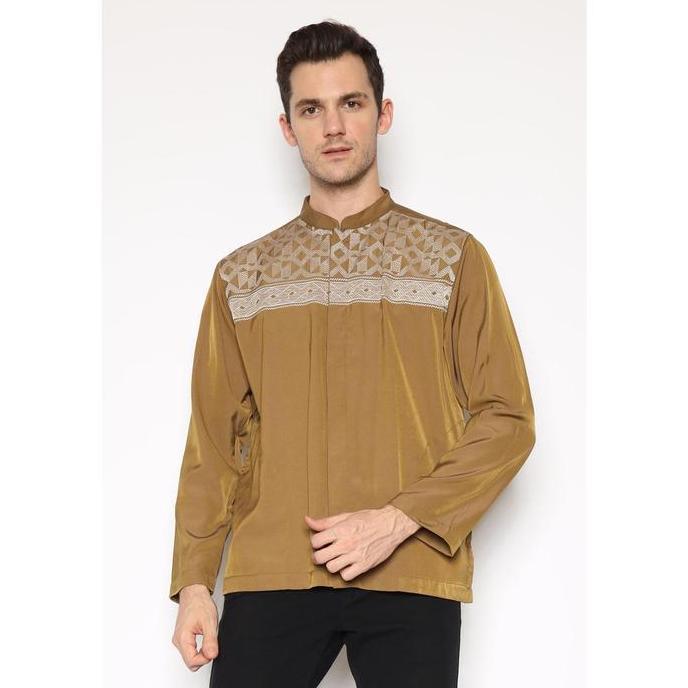 LARUSSO Kemeja Koko Bordir Lengan Panjang Pria  - Khaki