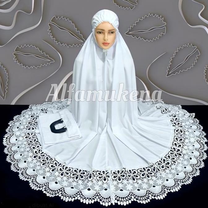 Mukena dewasa katun premium renda putih motif bunga