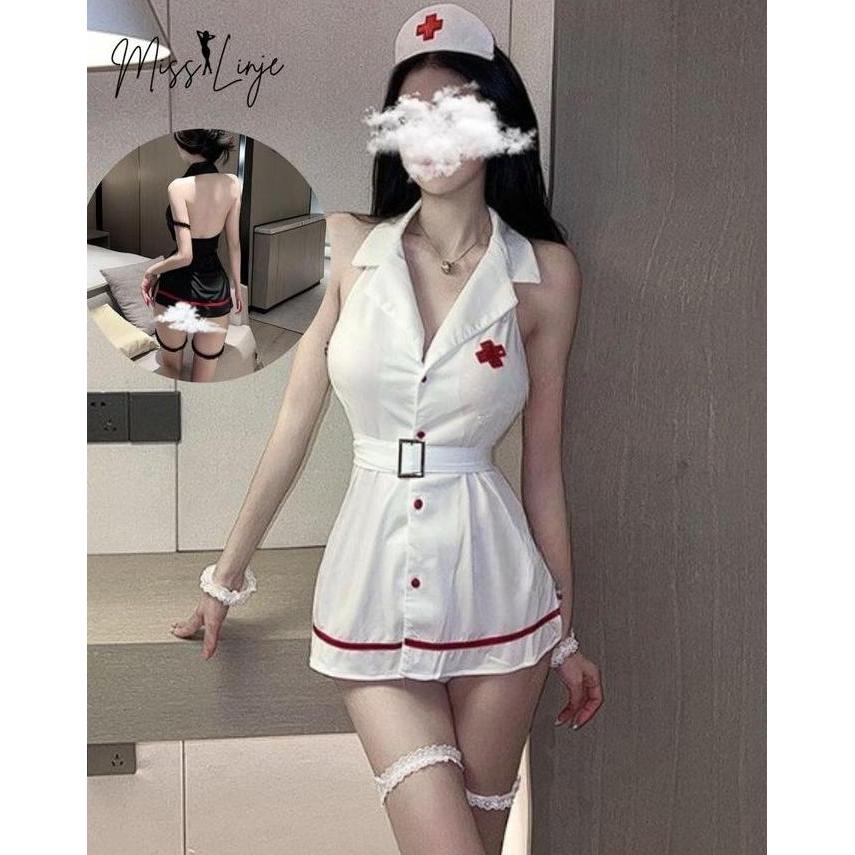 MISSLINJE Lingerie Cosplay y Nurse Mini Dress Kostum Perawat Suster Full Set Putih dan Hitam