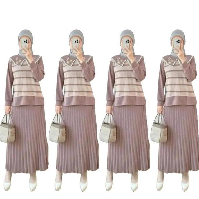 BMF2 - Setelan Rok Bordir Plisket SR 689 One Set XL Rib Knit Pakaian Fashion Muslim Wanita Panjang T