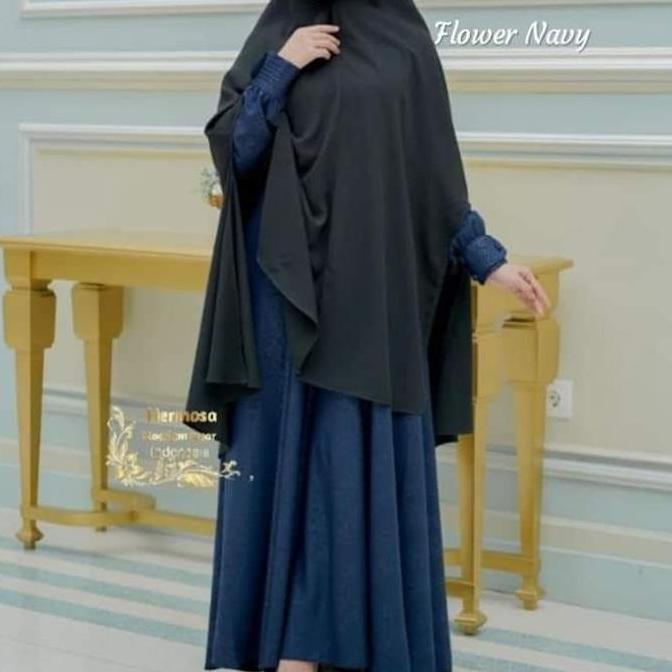 [Gamis hermosa embos] Gamis embos hermosa motif flower warna navy-gamis syari navy embos-gamis biru 
