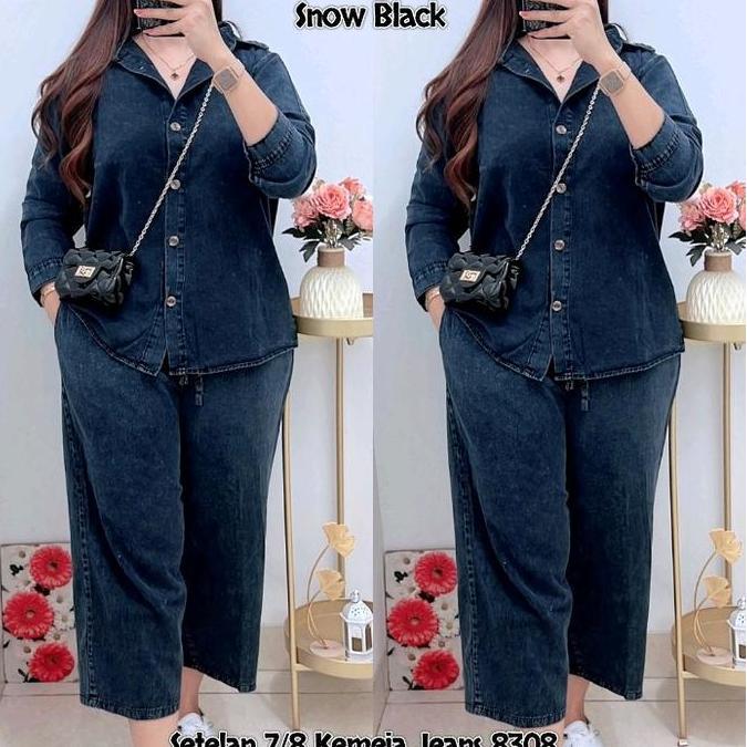 Ginfinik- 8308 Setelan Kemeja Jeans 7/8 Wanita |One Set Ld110