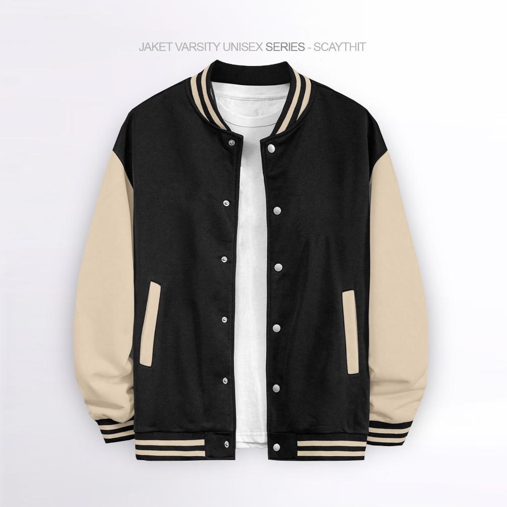 TERBARU Scaythit - Jaket Varsity Polos Hitam Putih Unisex ( Pria - Wanita ) Remaja Dewasa
