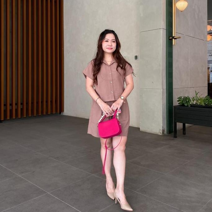 Ginfinik- Liona Set Setelan Wanita Linen Celana Pendek Super Comfy Pinggang Karet Resleting Samping 