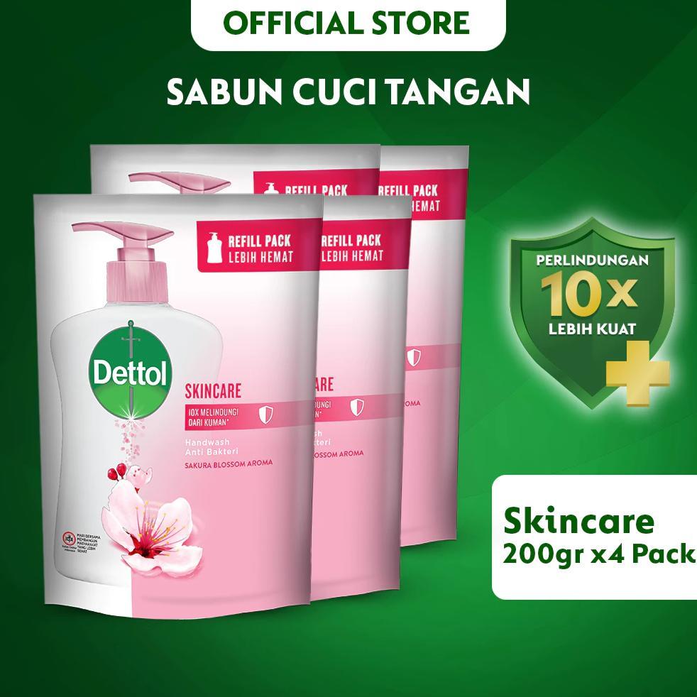 Dettol Sabun Cuci Tangan Cair Skincare 200ml Pouch Hand Wash Anti Bakteri x 4 Pcs