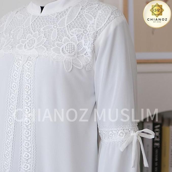 CHIANOZ Gamis Putih Mewah Mariana Dress Brukat Renda Baju Lebaran Umroh Haji Maxi Syari Ceruty Musli