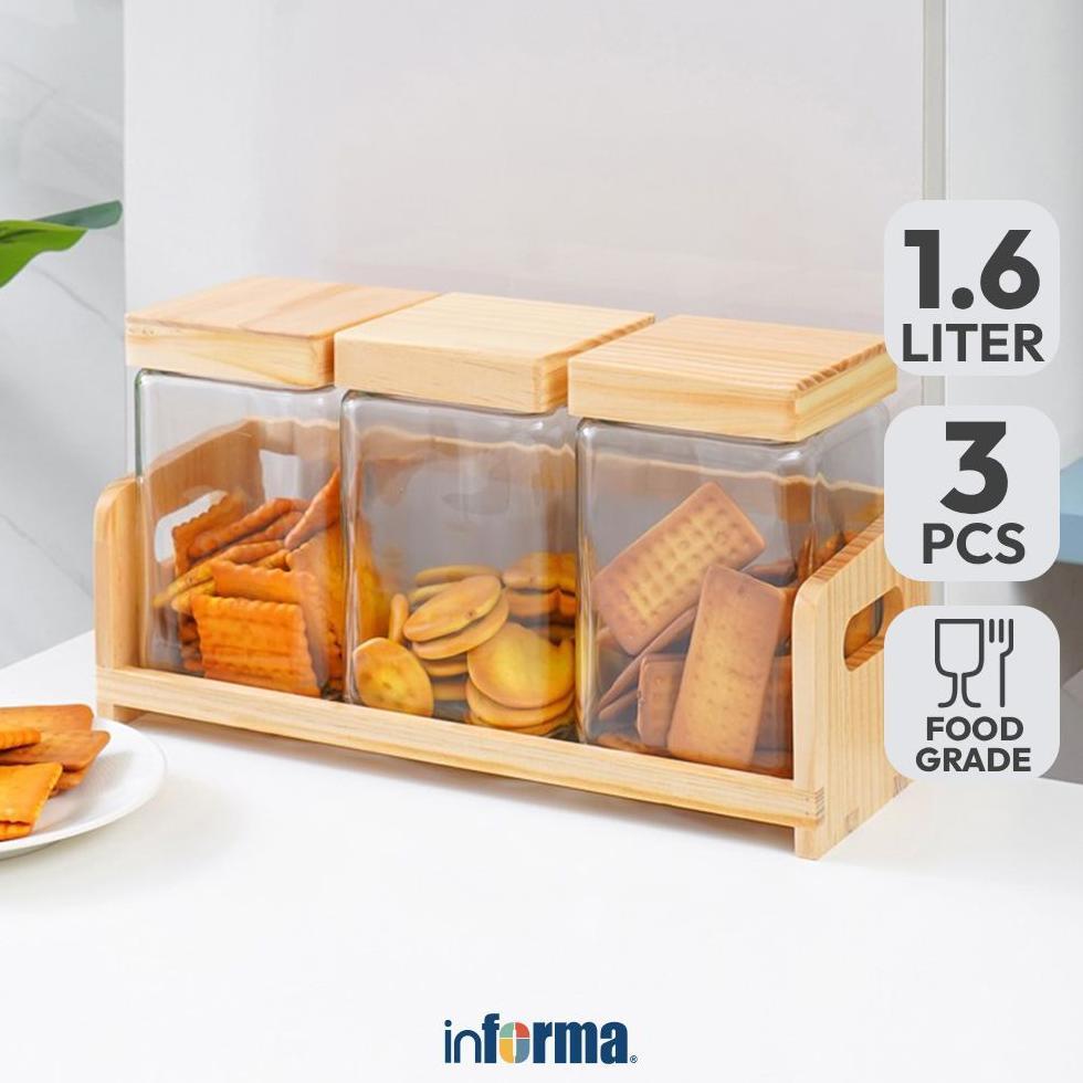 Informa Carley Set 3 pcs Stoples Kaca Dengan Rak Jar Tempat Simpan Snack Dan Permen Setoples Toples 