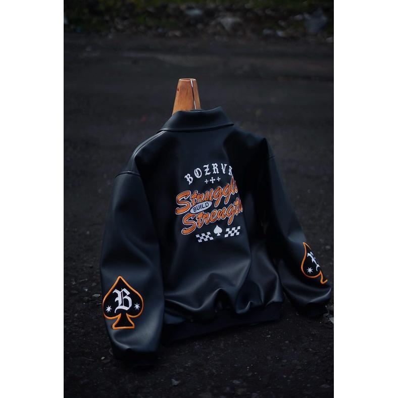 ORIGINAL BOZRVK JAKET VARSITY UNISEX HITAM LEATHER FULL BORDIR