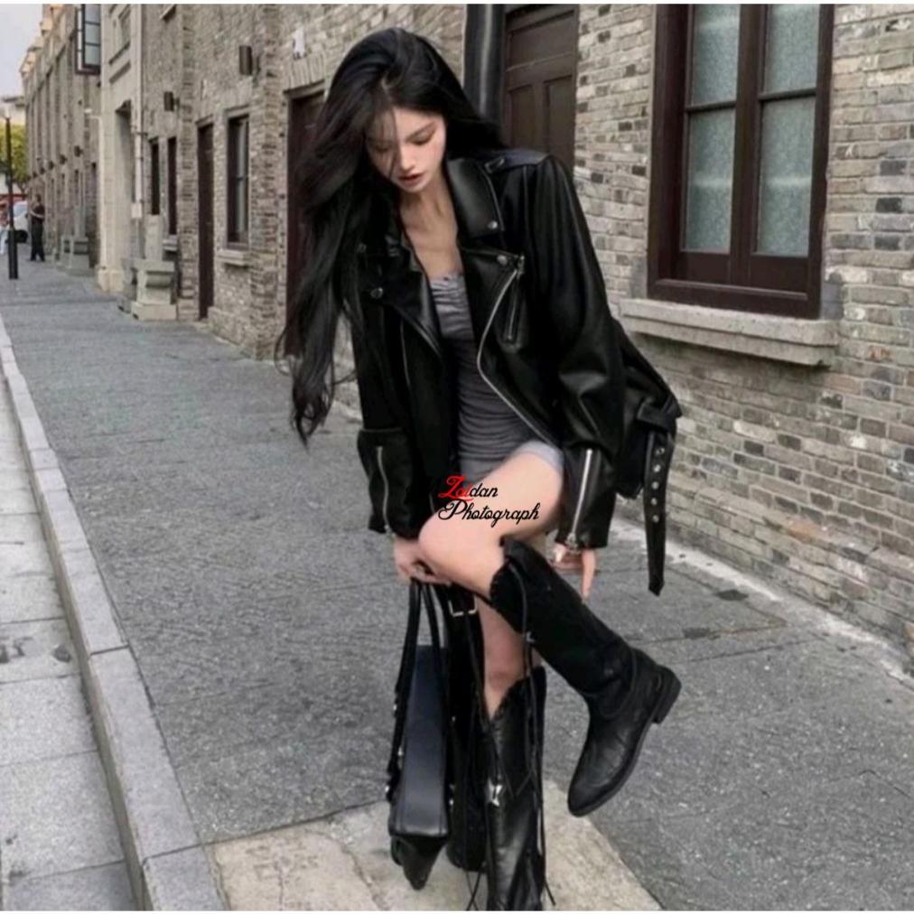 HEMAT Jaket Wanita Vintage Kulit Sintetis Basis Ramones Punk Leather Korean Style Terbaru