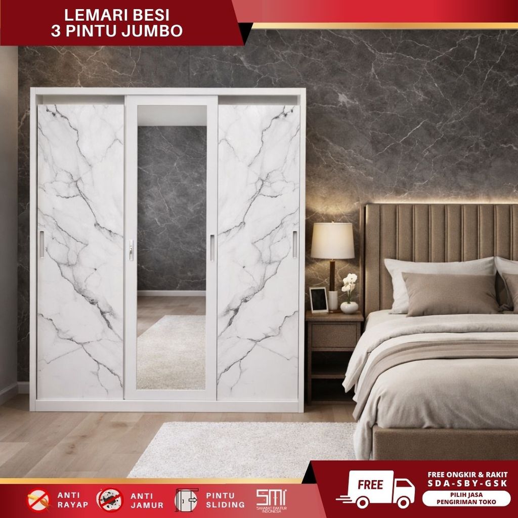 Lemari Pakaian Besi Sliding 3 Pintu Geser – Anti Karat, Ringkas, Stylish