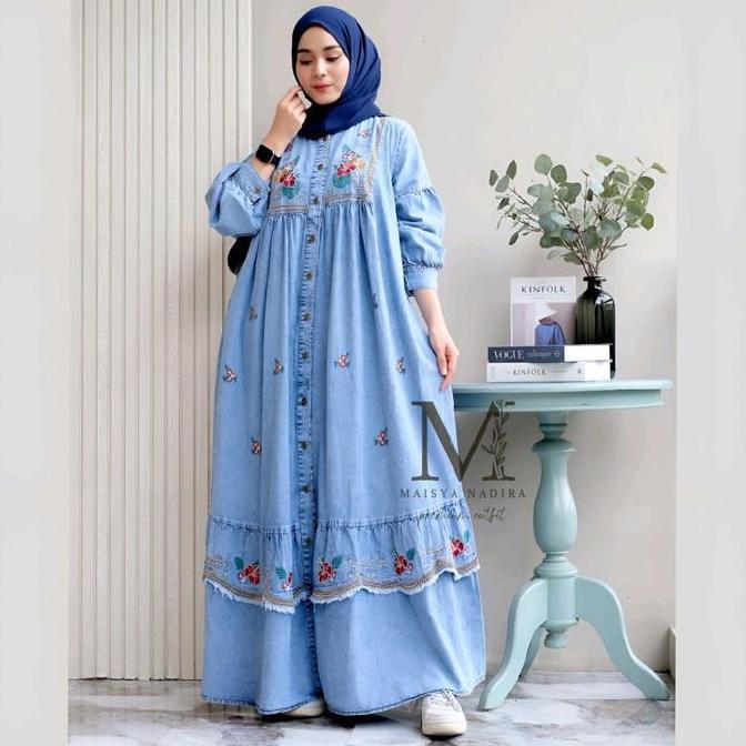 Dress Maxy Gamis Soft Jeans Washed Wanita Muslim Cantik dengan  Variasi Aksen Bordir