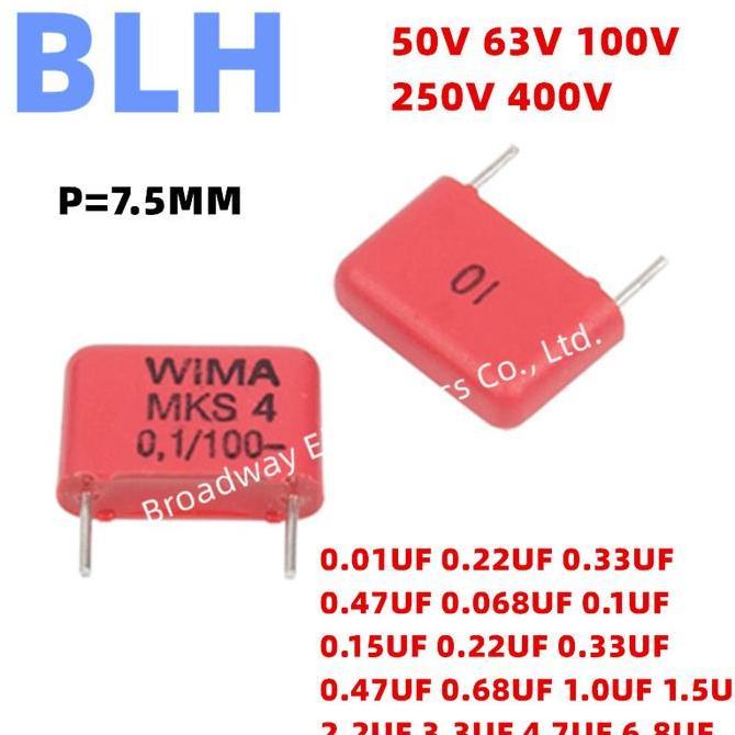 2PCS WIMA RED MKS4 7.5MM Film Capacitor Hi-Fi Audio P7.5 50V 63V 100V 250V 400V 1.5UF  2.2UF 3.3UF 4