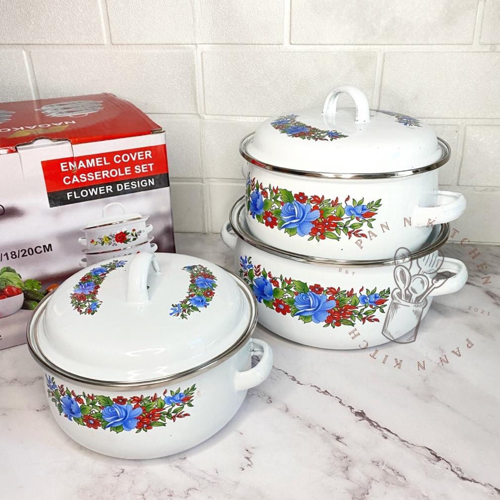 (3 Pcs) Panci Set Enamel Kembang Tutup Kaca Motif Jadul 16/18/20 cm / Panci Set Rumahan/ Panci Set K