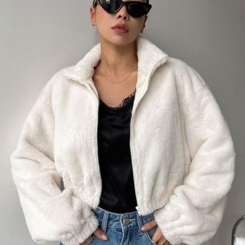 New Jaket Sweater Teddy Bear Sherpa Crop Uniqlo Crop Bulu Wanita