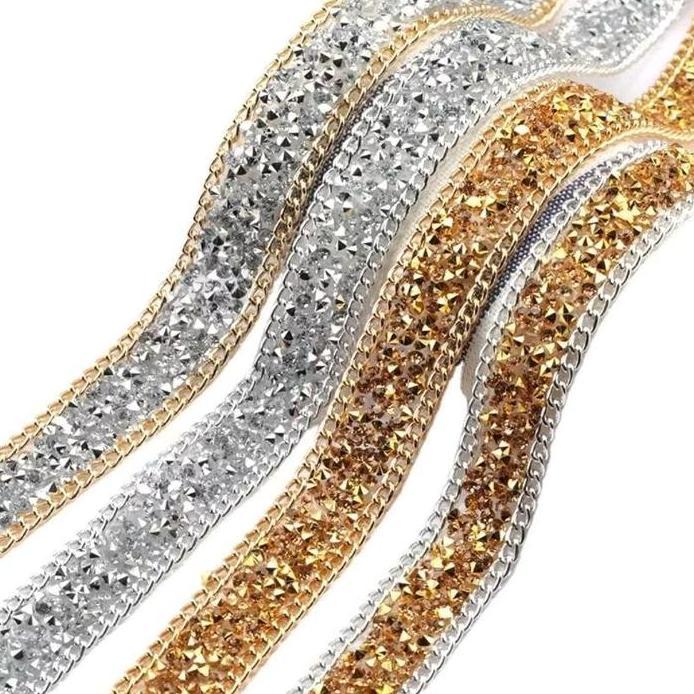 Ready Renda Permata Golden Iron Chain Drill Glue Dress Lace 1 Yard 10mm & 15mm Premium Quality Mewah