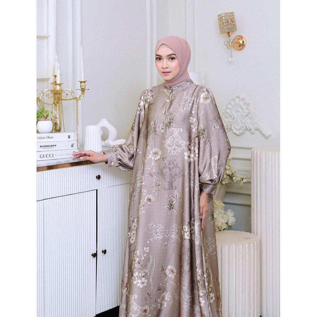 Gamis Azura Kancing Wanita Muslimah Dress Panjang Elegan & Nyaman Bahan Stela Satin by Fabiana