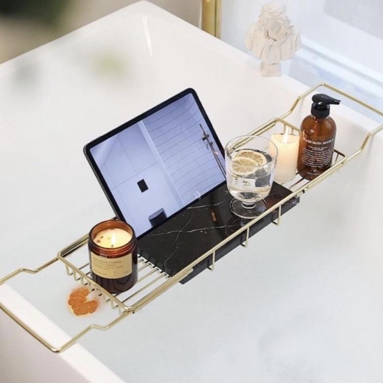 [FT] Tatakan bathtub tray nampan kamar mandi gold marble adjustable stainless ceramic