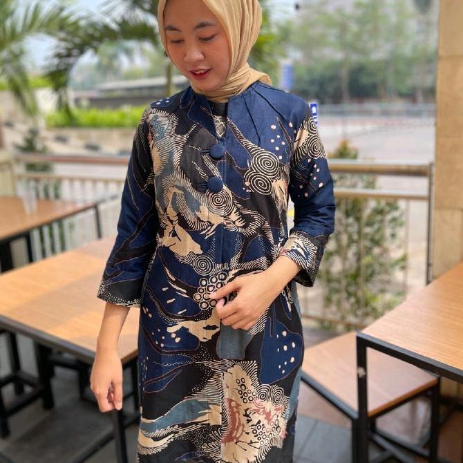 Wkwkwk- Batik Tunik  Wanita Motif Biru Dongker Abstrak Bahan Katun  Kain Nyaman