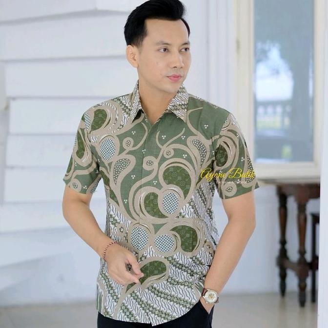 Termurah / Hot Sale Hem Batik Pria Slim Fit Mahameru Sage Batik Pria Lengan Pendek Warna Hijau Sage 