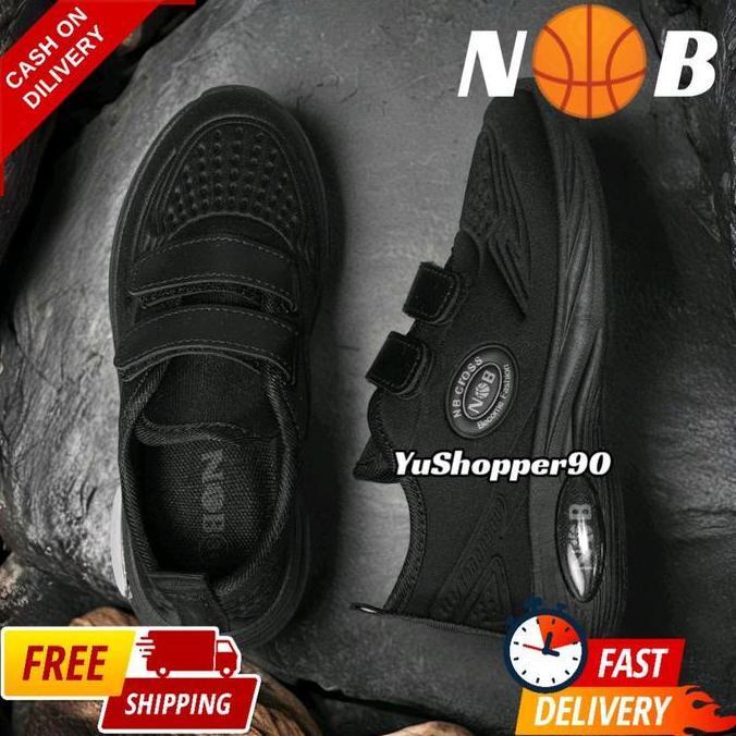 DV308 >> Sepatu NB Hitam Perekat Sekolah Tanpa Tali Sepatu Hitam Laki2 dan Perempuan TANPA BOX