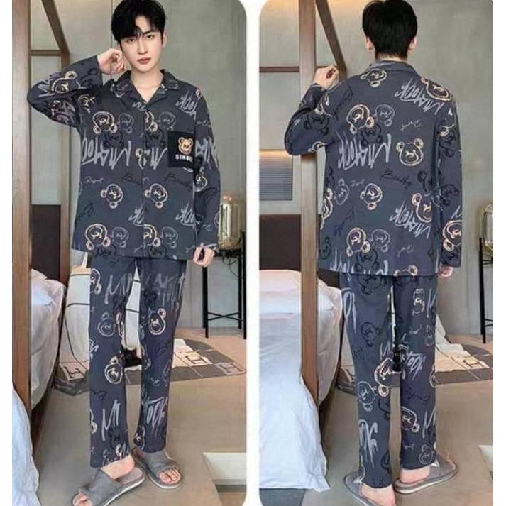 Baju Tidur Piyama Setelan PP Cowok Pria Dewasa Bahan Kaos Katun Lengan Panjang Celana Panjang Model 
