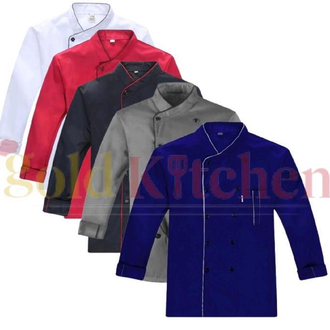 Baju Koki Chef Jacket Baju Chef Seragam Koki Pria Wanita Gold Kitchen Abu Biru Hitam Merah Navy Panj