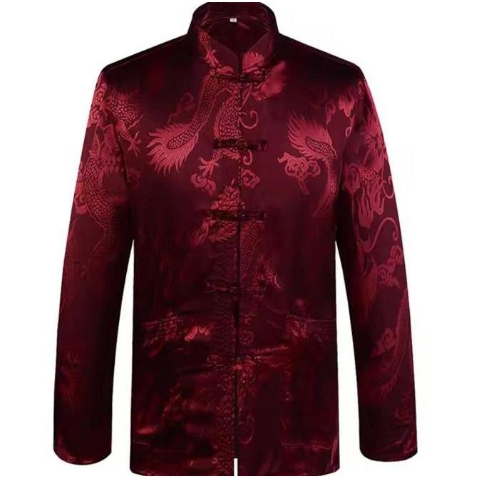 Promo Baju Imlek Cheongsam Pria Lengan Panjang Motif Naga Satin Sutera Import FZ